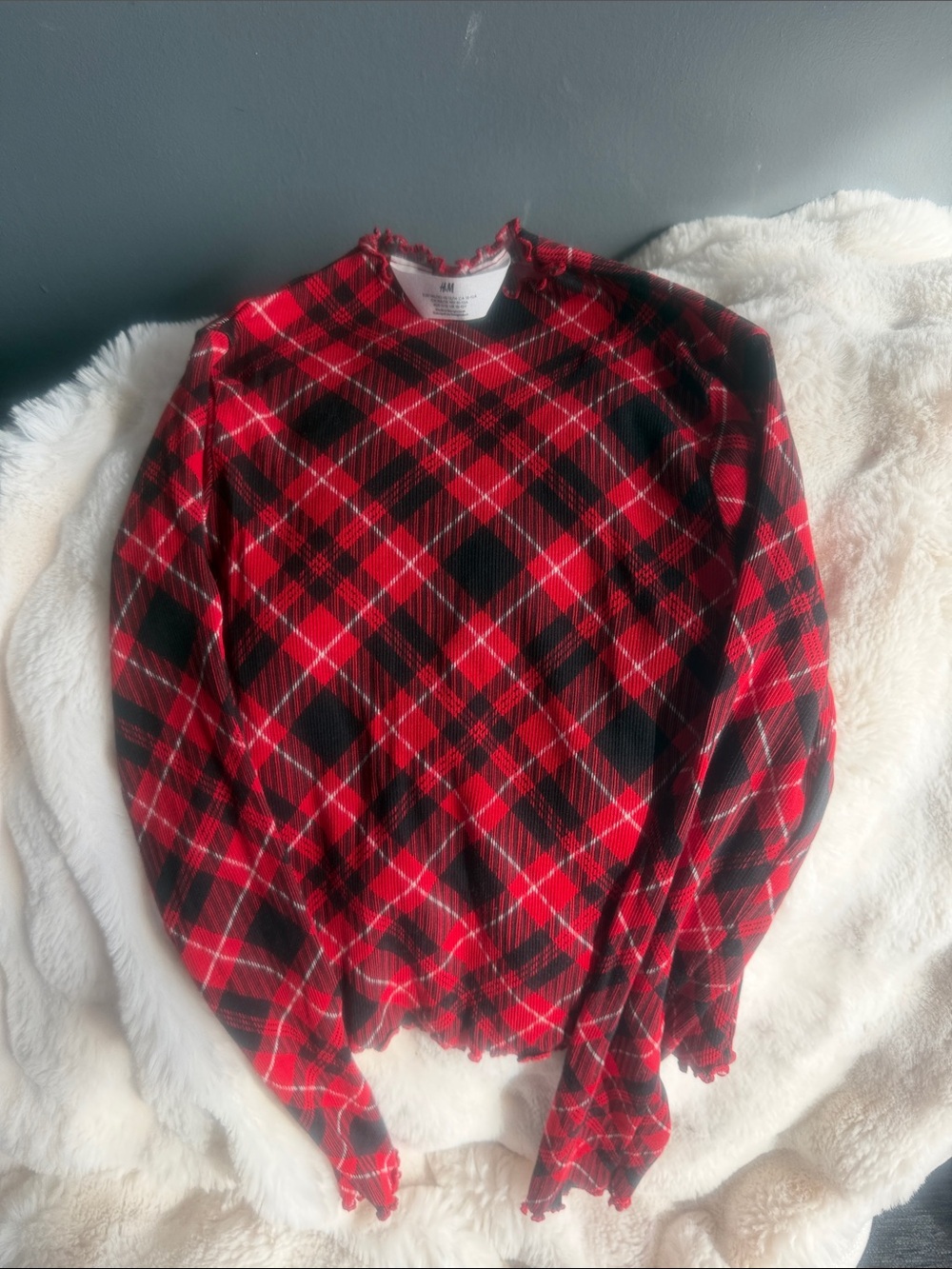 H&M Red and Black Plaid Crewneck Sweater with Distressed Hem